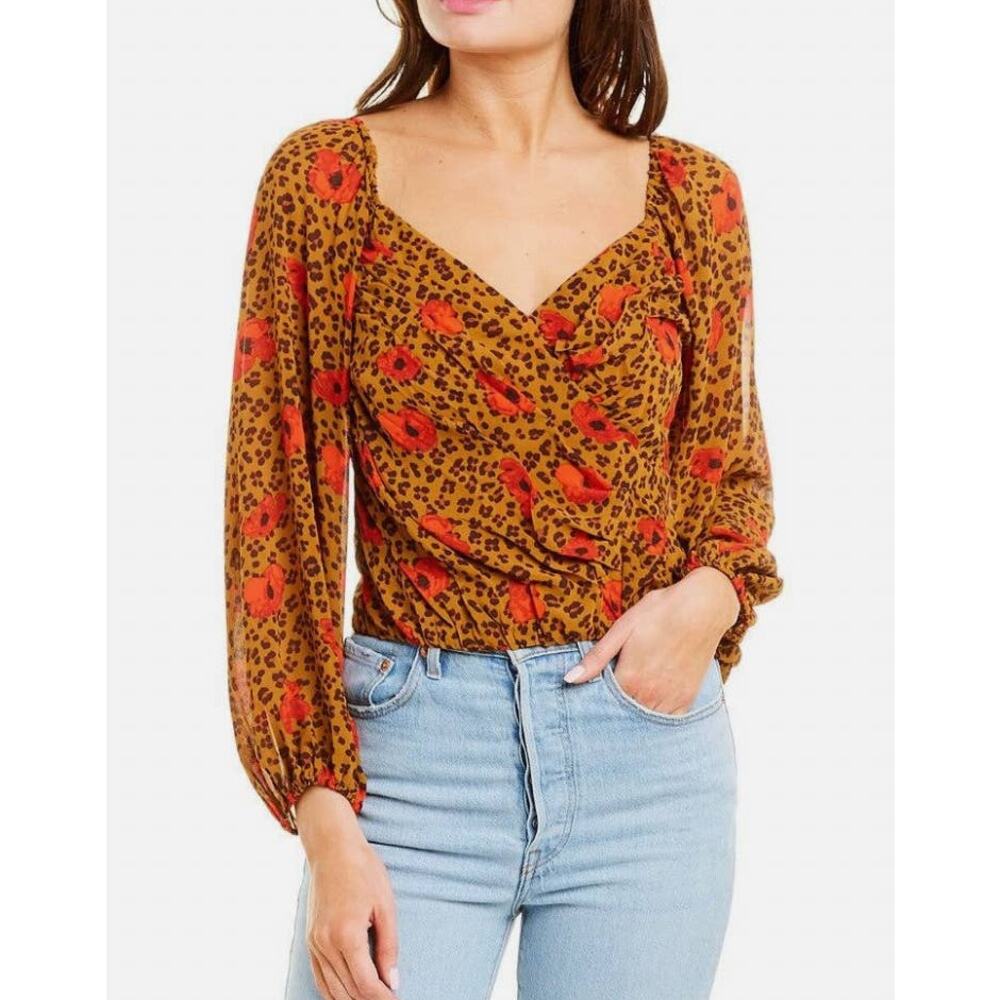 ASTR Animal Leopard Print Floral Shirred V-Neck Blouse Crop Top sz S - Picture 5 of 13